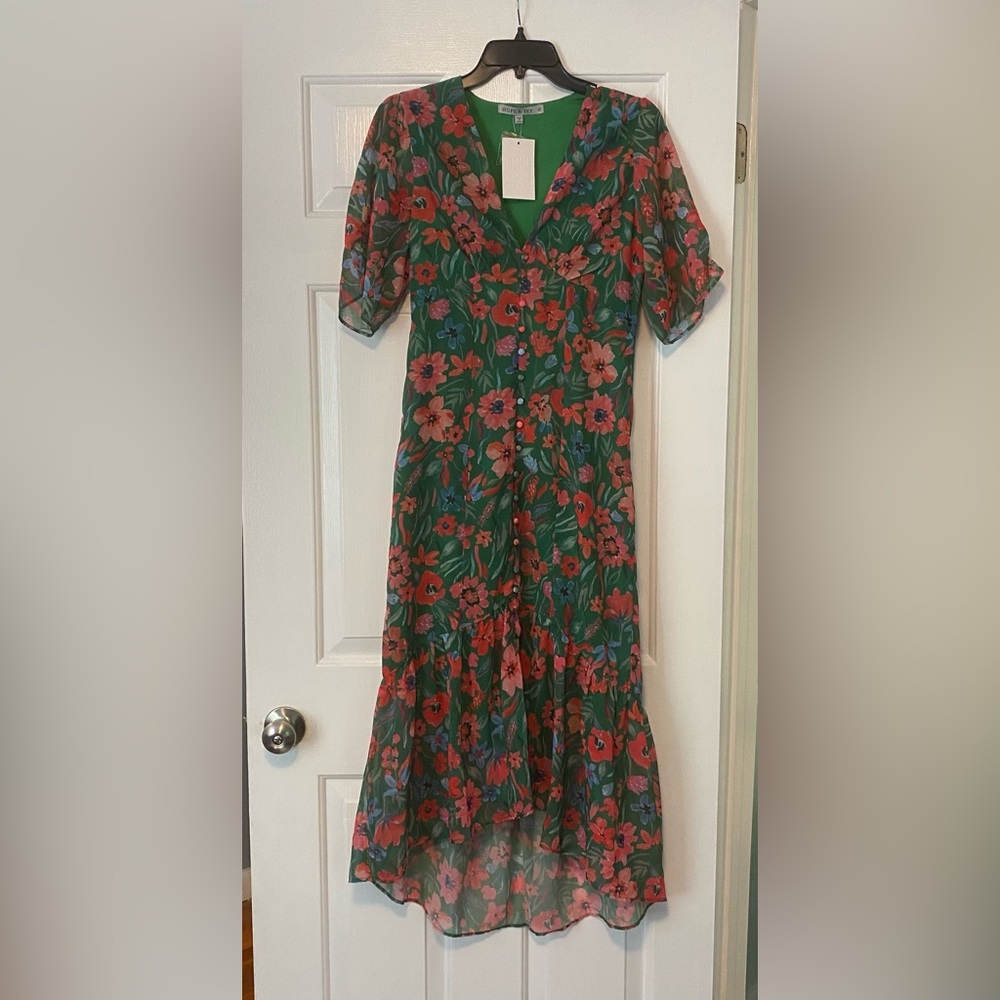 Green Floral Midi Dress with Red Bloom Print - Women